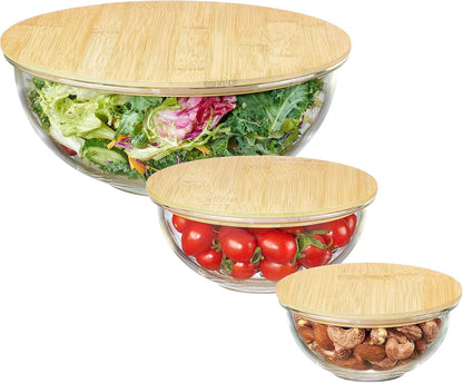 5 Pack Glass Mixing Bowls with Bamboo Lids, Nesting Set