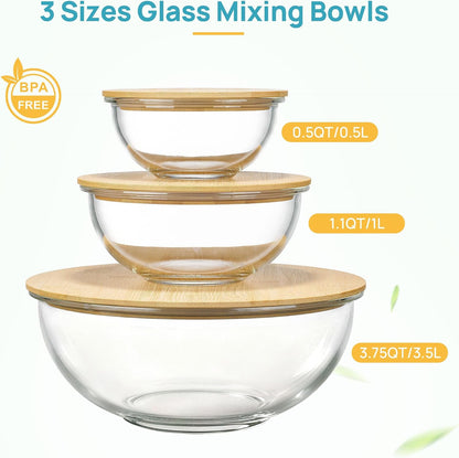 5 Pack Glass Mixing Bowls with Bamboo Lids, Nesting Set