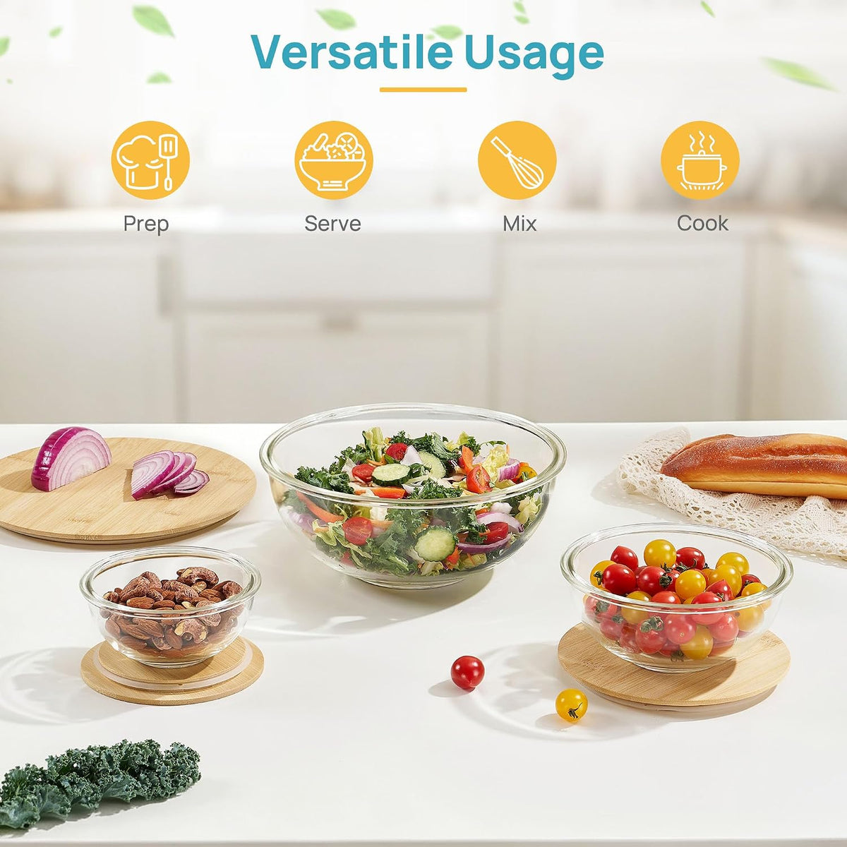 5 Pack Glass Mixing Bowls with Bamboo Lids, Nesting Set