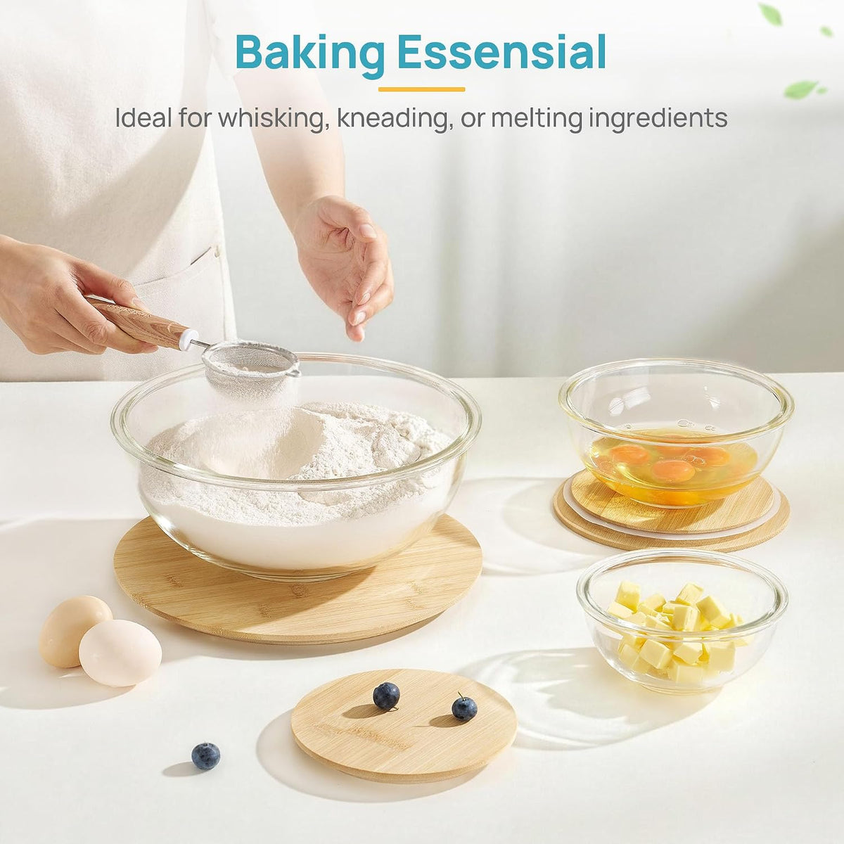 5 Pack Glass Mixing Bowls with Bamboo Lids, Nesting Set