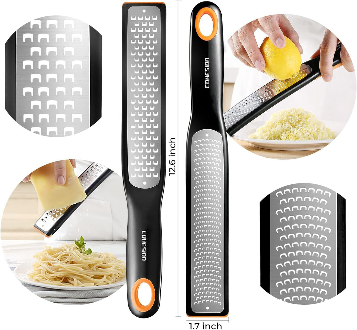 Etched Zester & Grater Set of 2 - Kitchen Zester Tool for Lemon, Cheese, Garlic, Ginger, Nutmeg, Chocolate, Fruits, Vegetables - Sharp Premium Stainless Steel Blade with Protective Cover