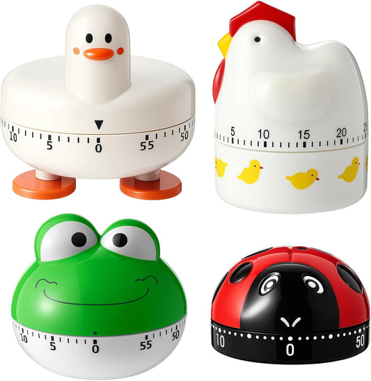 4 Pieces Cute Kitchen Timer, Animal Mechanical Manual, Chick, Frog, Duck, Ladybug, 60 Minutes Loud Alarm Egg Windup Timer, for Adults Christmas Home Cooking Baking Fitness Beauty