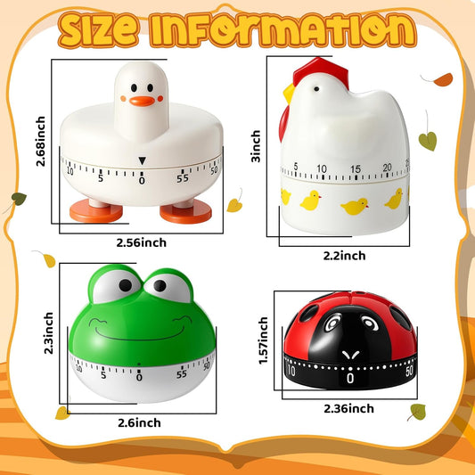 4 Pieces Cute Kitchen Timer, Animal Mechanical Manual, Chick, Frog, Duck, Ladybug, 60 Minutes Loud Alarm Egg Windup Timer, for Adults Christmas Home Cooking Baking Fitness Beauty