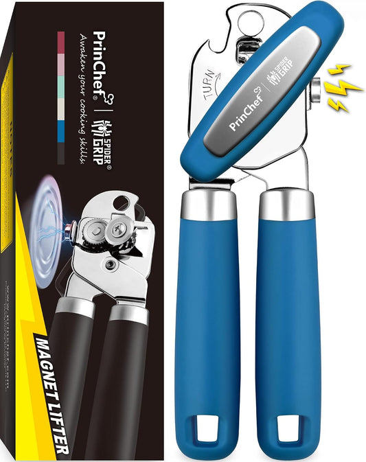 Can Opener Manual, Can Tin Bottle Opener with Magnet - No-Trouble-Lid-Lift, Handheld Can Opener Smooth Edge with Sharp Blade, Heavy Duty and Easy to Use, for Seniors with Arthritis, Blue