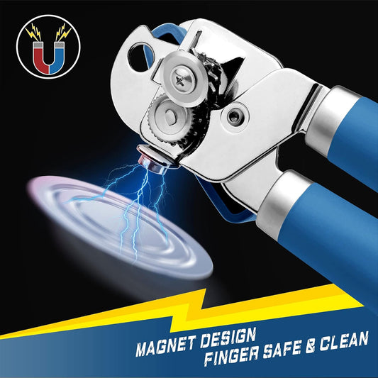 Can Opener Manual, Can Tin Bottle Opener with Magnet - No-Trouble-Lid-Lift, Handheld Can Opener Smooth Edge with Sharp Blade, Heavy Duty and Easy to Use, for Seniors with Arthritis, Blue