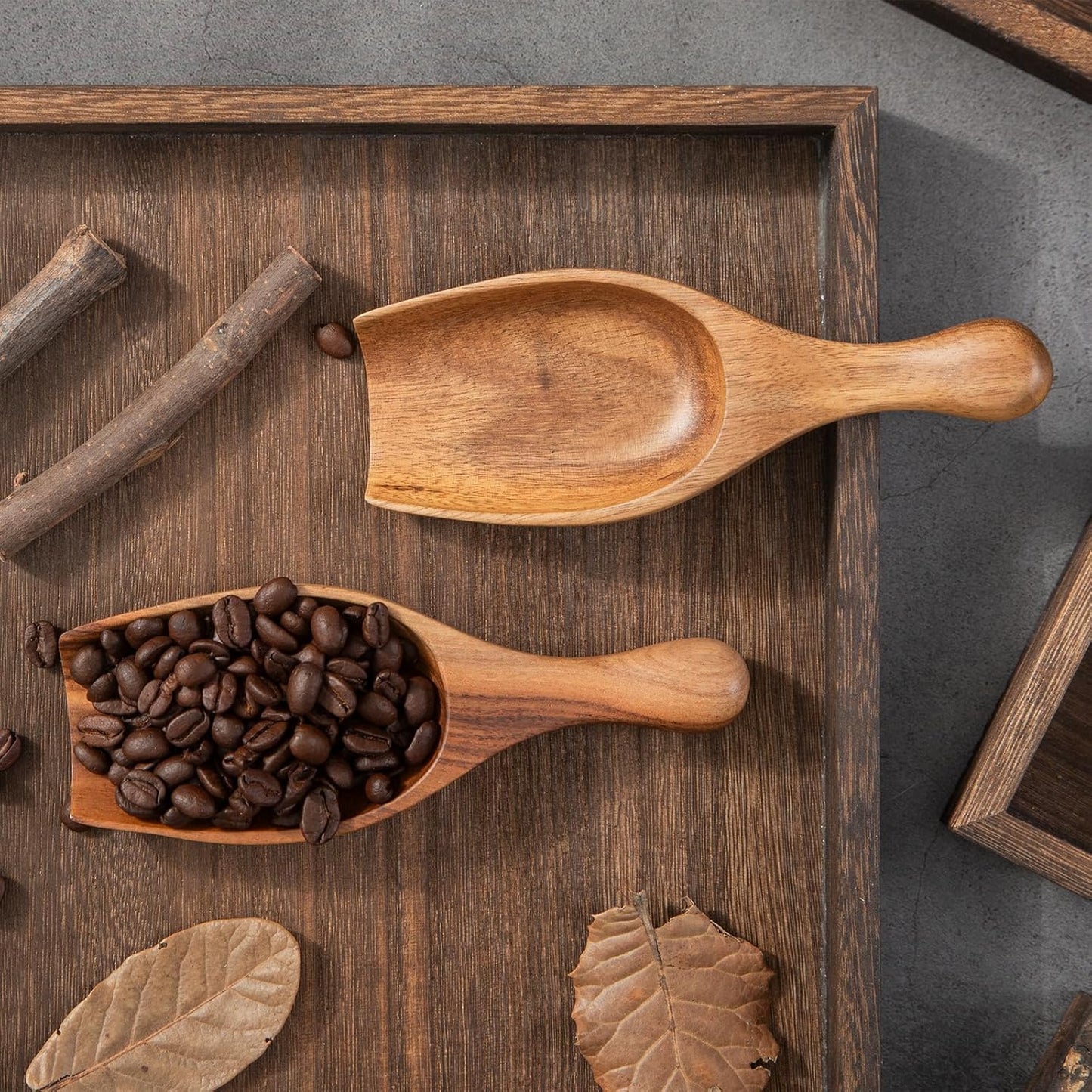 Big Wooden Scoop Shovel, 2PCS Large Coffee Scoops for Ground coffee, Acacia Wood Bean Salt Spoons, Wooden Scoops for Jars Canisters, Kitchen Scoops for Flour Laundry Scoop Multi-purpose