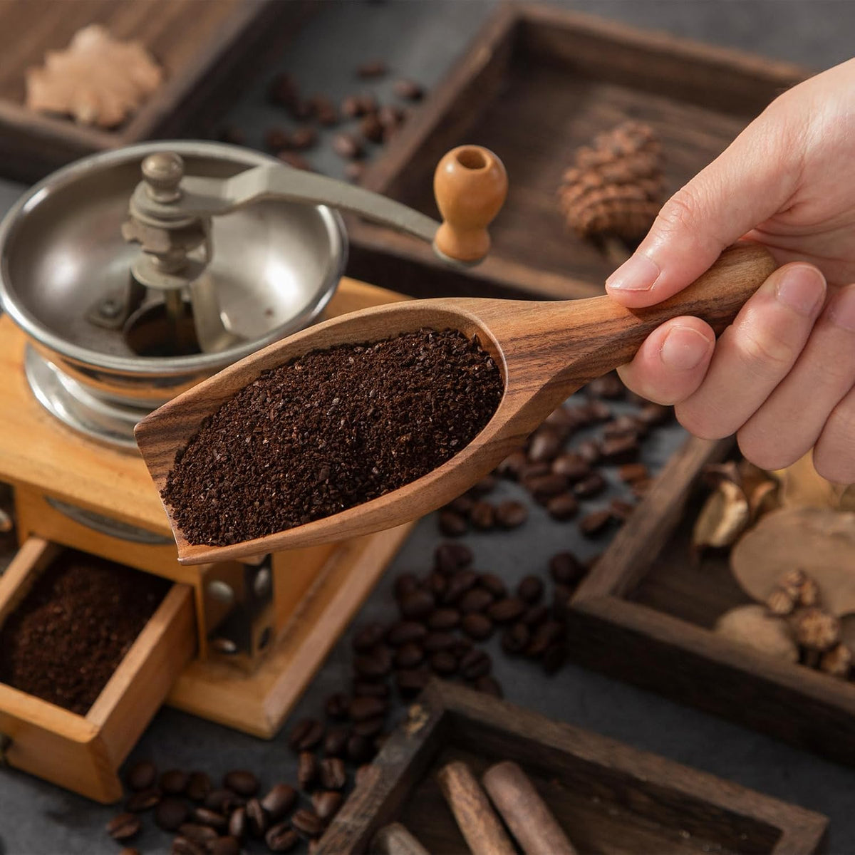 Big Wooden Scoop Shovel, 2PCS Large Coffee Scoops for Ground coffee, Acacia Wood Bean Salt Spoons, Wooden Scoops for Jars Canisters, Kitchen Scoops for Flour Laundry Scoop Multi-purpose