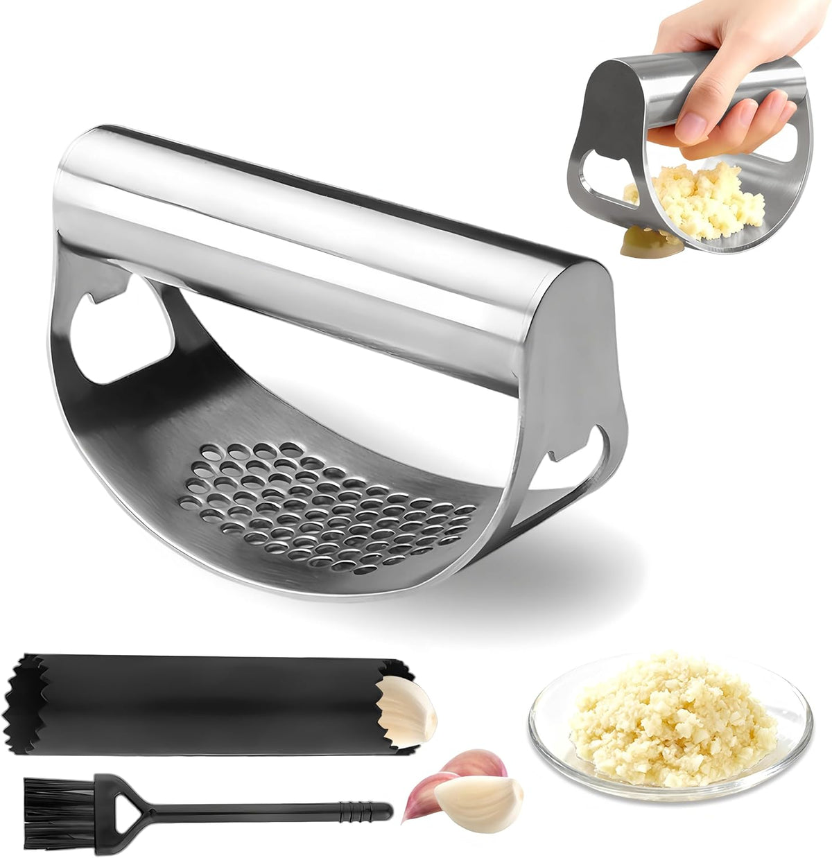 Garlic Press Rocker,Stainless Steel Garlic Mincer,Built-in Bottle Opener