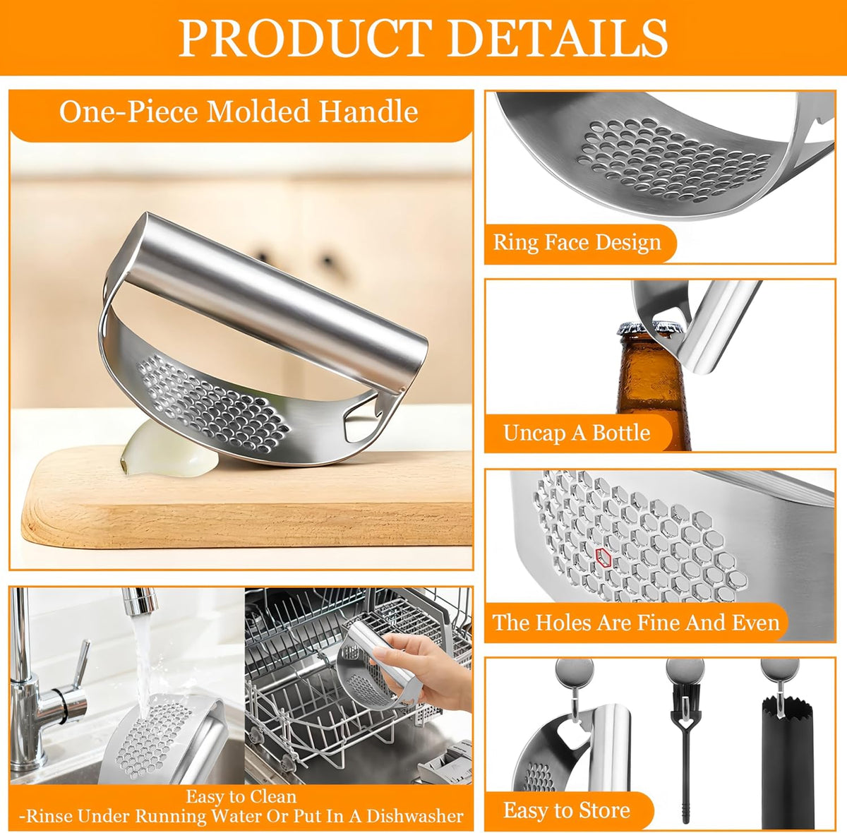 Garlic Press Rocker,Stainless Steel Garlic Mincer,Built-in Bottle Opener