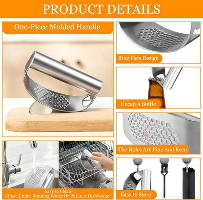 Garlic Press Rocker,Stainless Steel Garlic Mincer,Built-in Bottle Opener