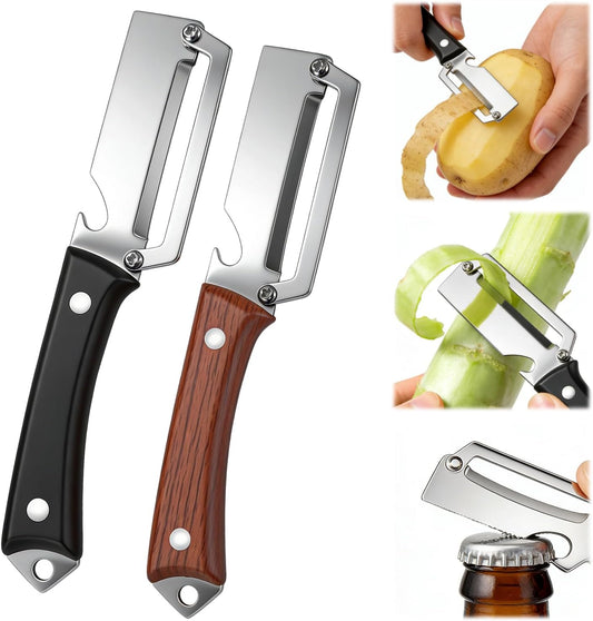2pcs 2026 Upgrade Premium Vegetable Peeler with Wooden Handle and Bottle Opener, Multifunctional 3-in-1 Stainless Steel Kitchen Tool for Fruit Apple Potato Pumpkin Papaya