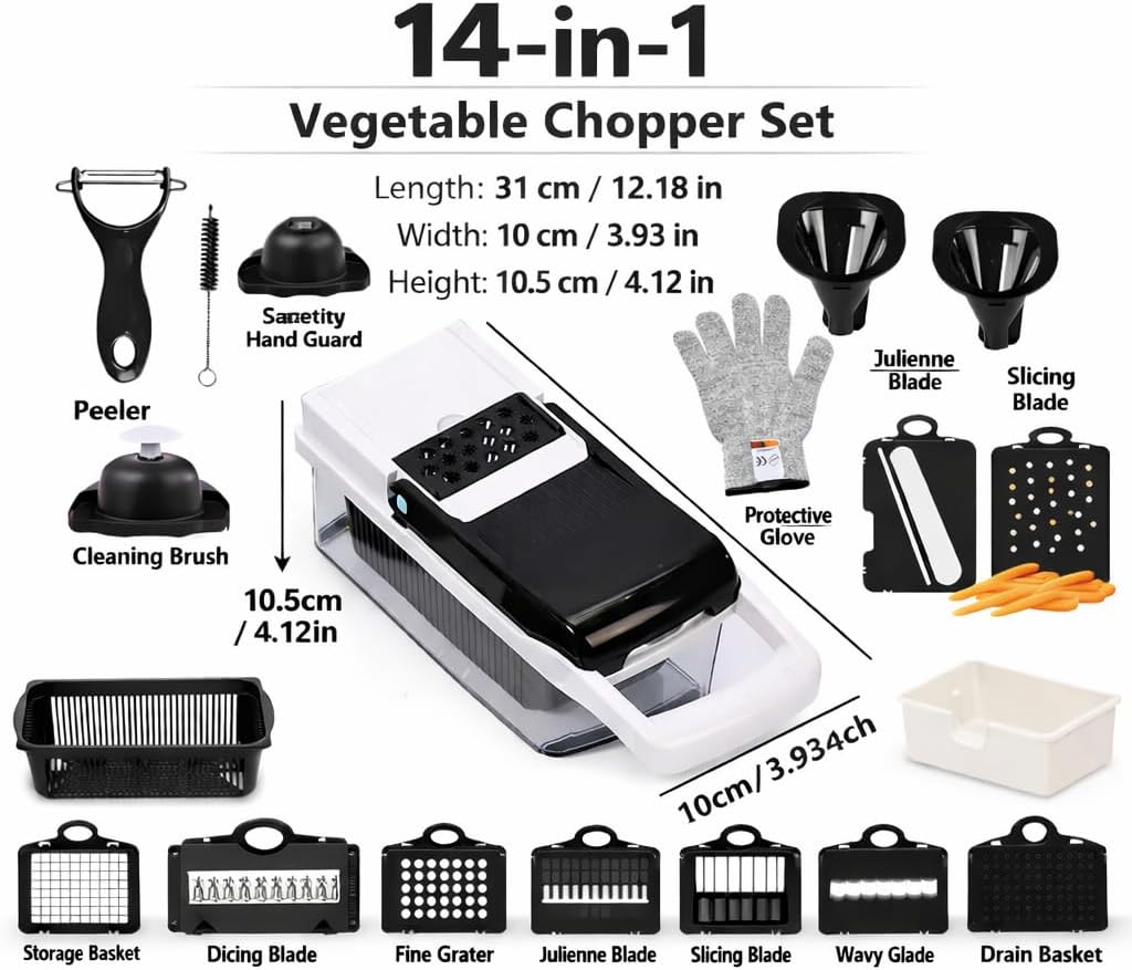 12-in-1 ABS Vegetable Chopper, Onion Cutter with Container, Food Slicer Dicer & Grater, Multifunction Kitchen Gadget for Fruits & Vegetables, BPA Free