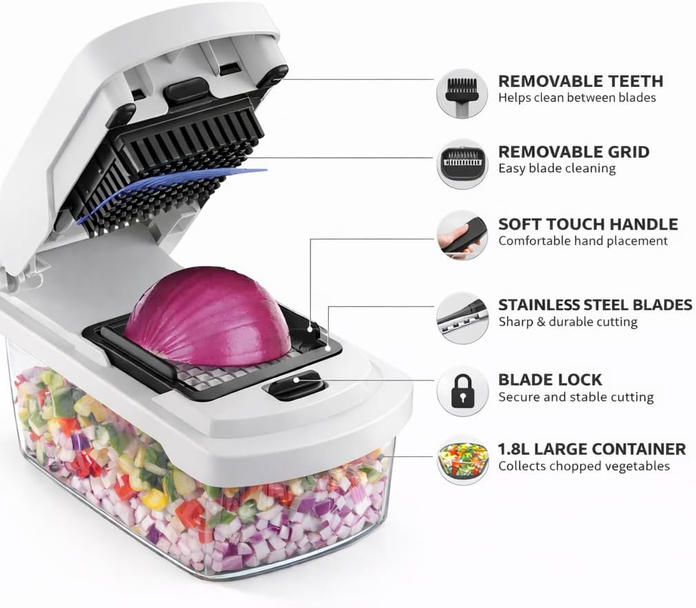 12-in-1 ABS Vegetable Chopper, Onion Cutter with Container, Food Slicer Dicer & Grater, Multifunction Kitchen Gadget for Fruits & Vegetables, BPA Free