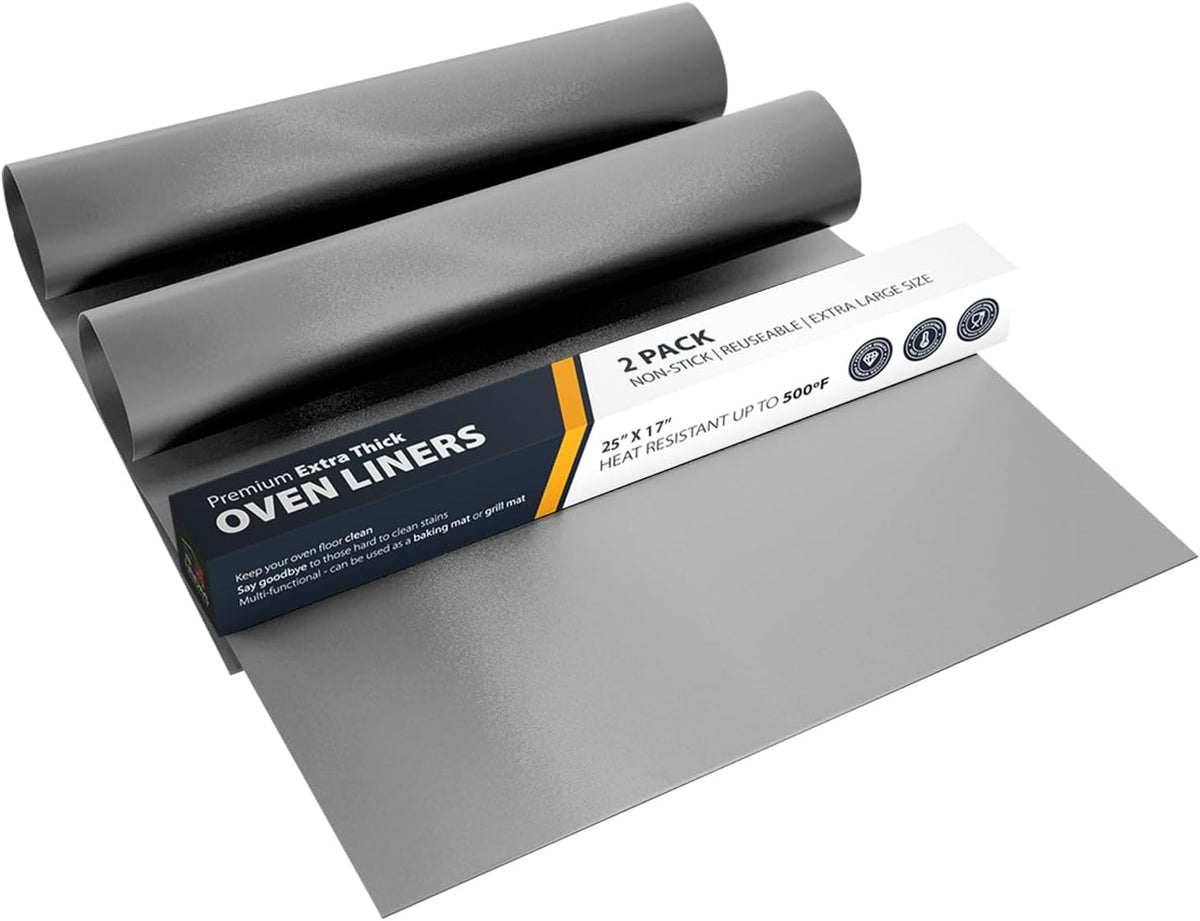 Oven Liners for Bottom of Oven - 2 Pack Large Heavy Duty Mats, 17”x25” Non-Stick Reusable Liner for Electric, Gas, Toaster Ovens, Grills - BPA & PFOA Free Kitchen Accessory to Keep Oven Clean (Black)