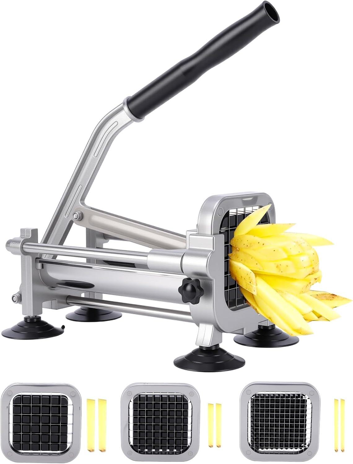 French Fry Cutter, Heavy Duty Potato Slice, Stainless Steel Blades with 1/2 Inch, 3/8 Inch and 1/4 Inch Blades for Whole Potatoes Carrots Cucumbers Carrot,Yam