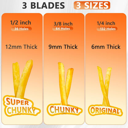 French Fry Cutter, Heavy Duty Potato Slice, Stainless Steel Blades with 1/2 Inch, 3/8 Inch and 1/4 Inch Blades for Whole Potatoes Carrots Cucumbers Carrot,Yam