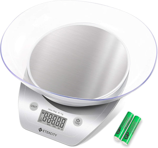 Food Kitchen Scale Bowl, Digital Ounces and Grams for Cooking, Baking, Meal Prep, Dieting, and Weight Loss, 11lb/5kg, Silver