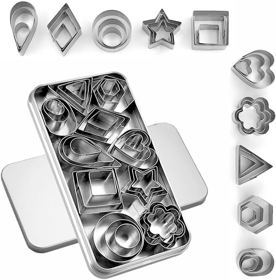 30Pcs Mini Cookie Cutter Set with Box, 3 Sizes Per Shape | Stainless Steel, Tiny Polymer Clay Cutters, Small Geometric Biscuit Mold Set, Safe for Kids