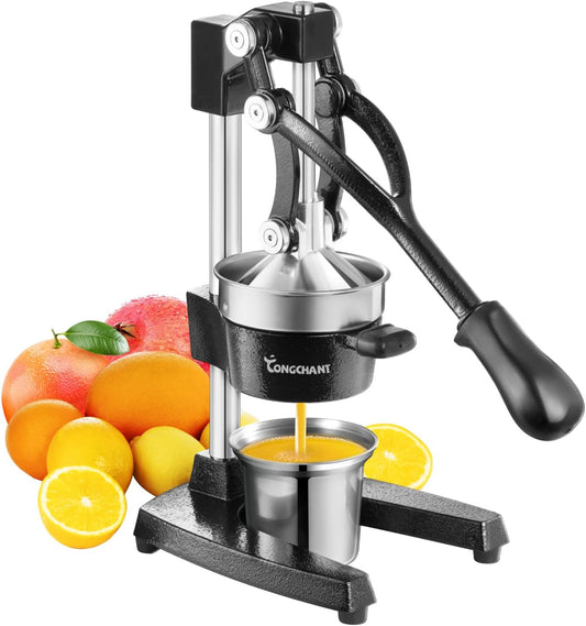 Cast Iron Manual Juicer for Orange Lemon Lime Pomegranate &Citrus | Heavy Duty Orange Juicer Squeezer, Hand Press Juicer, Citrus Press, Stainless Steel Cup, Easy to Clean, Black