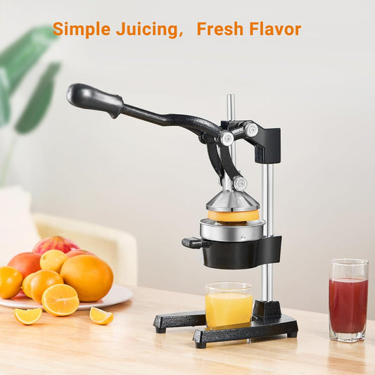 Cast Iron Manual Juicer for Orange Lemon Lime Pomegranate &Citrus | Heavy Duty Orange Juicer Squeezer, Hand Press Juicer, Citrus Press, Stainless Steel Cup, Easy to Clean, Black
