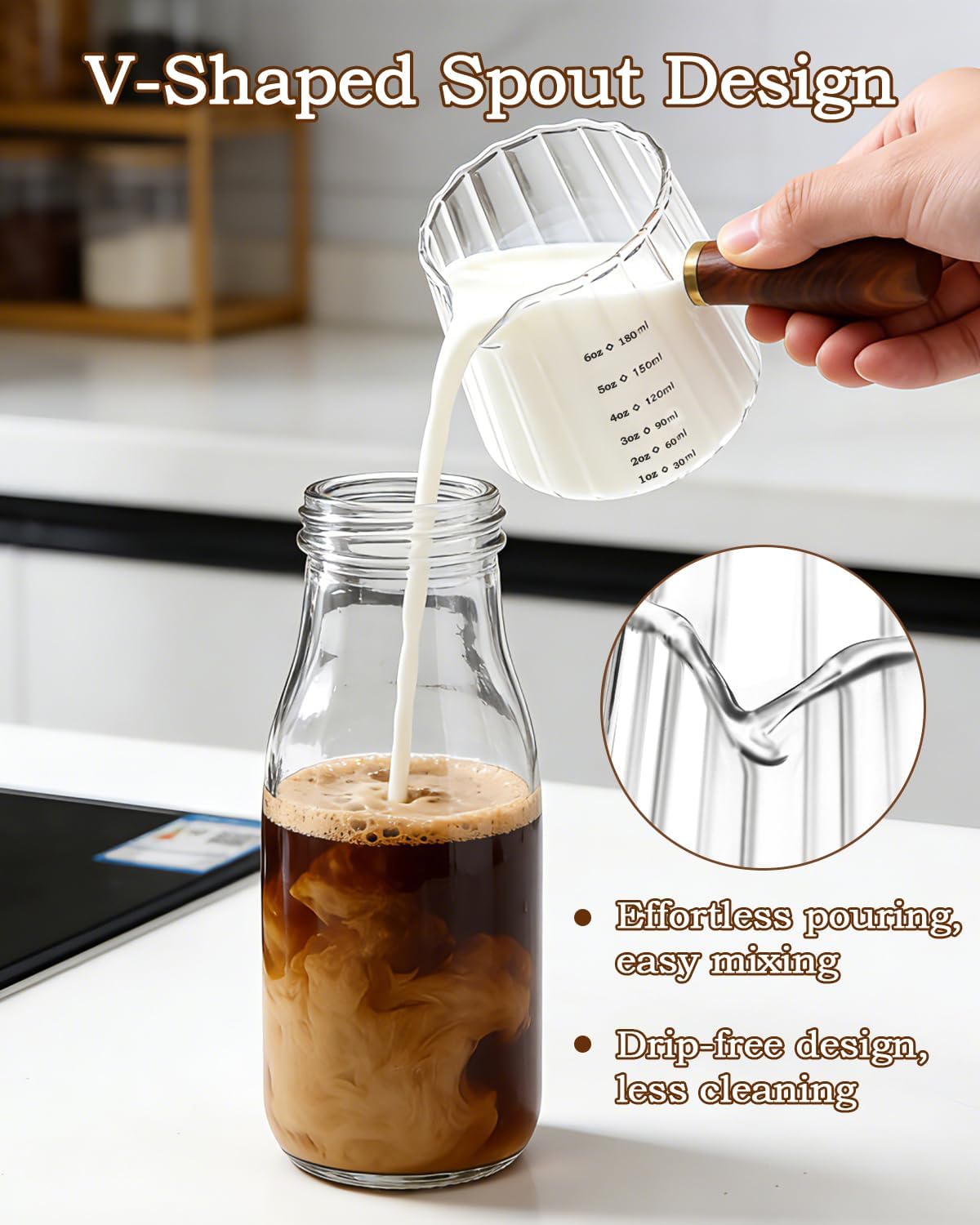 6oz Espresso Cups, V-Spout Espresso Shot Cups, Ribbed Milk Frothing Pitcher