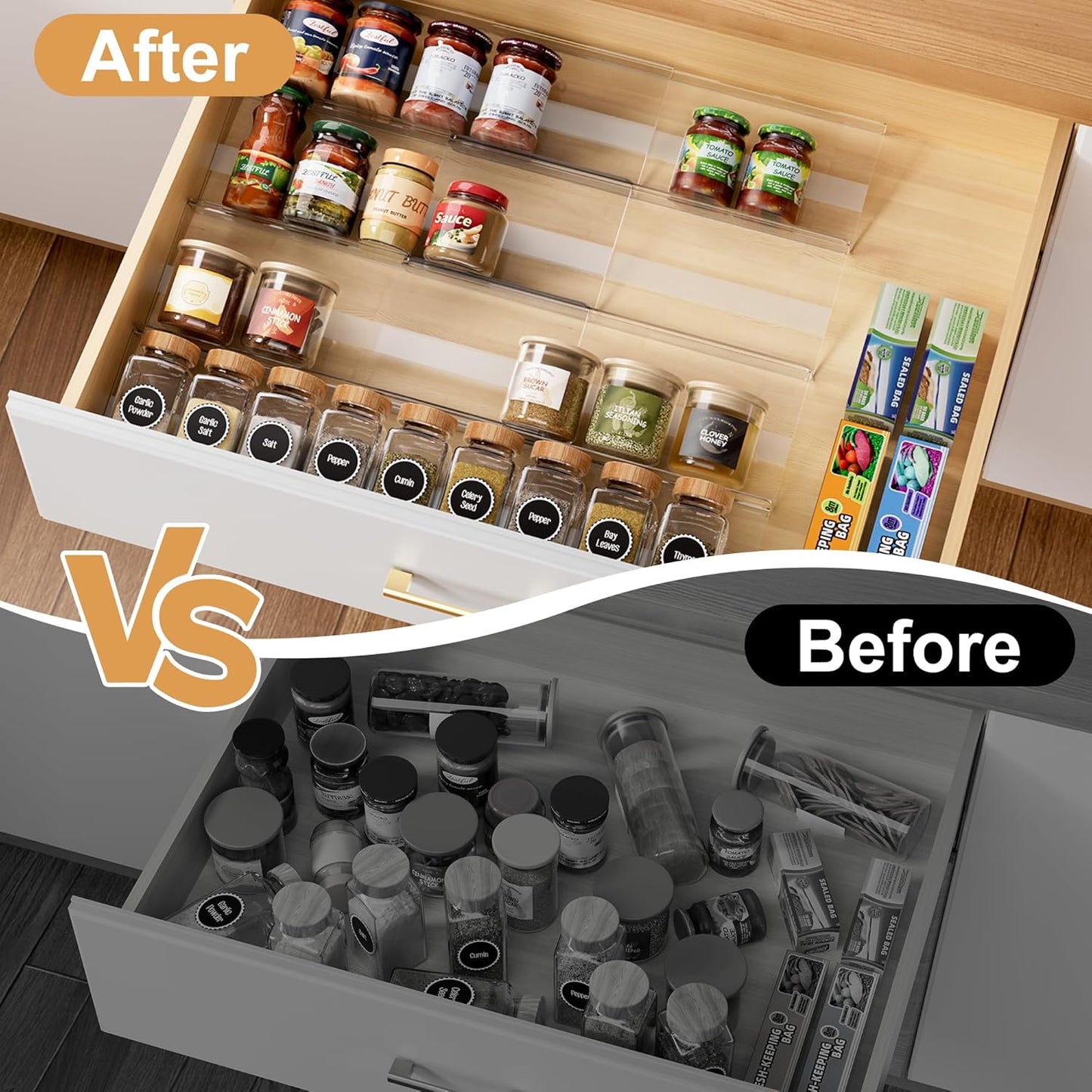 8-Pack Spice Drawer Organizer, Expandable Acrylic Seasoning Rack (13" to 26") with Anti-Slip Mat, Kitchen Spice Rack Holds up to 56 Jars (Jars Not Included)
