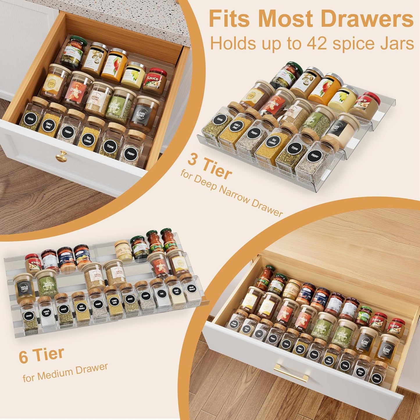 8-Pack Spice Drawer Organizer, Expandable Acrylic Seasoning Rack (13" to 26") with Anti-Slip Mat, Kitchen Spice Rack Holds up to 56 Jars (Jars Not Included)