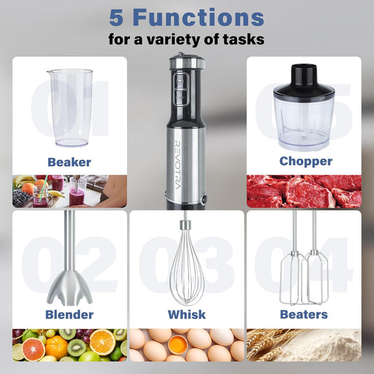 Immersion Blender Handheld, 5 in 1 Hand Blender, 12 Speed Stainless Seel Immersion Blender, Whisk, Chopper, Beaker, Beaters, Christmas Gift, New Year Gift
