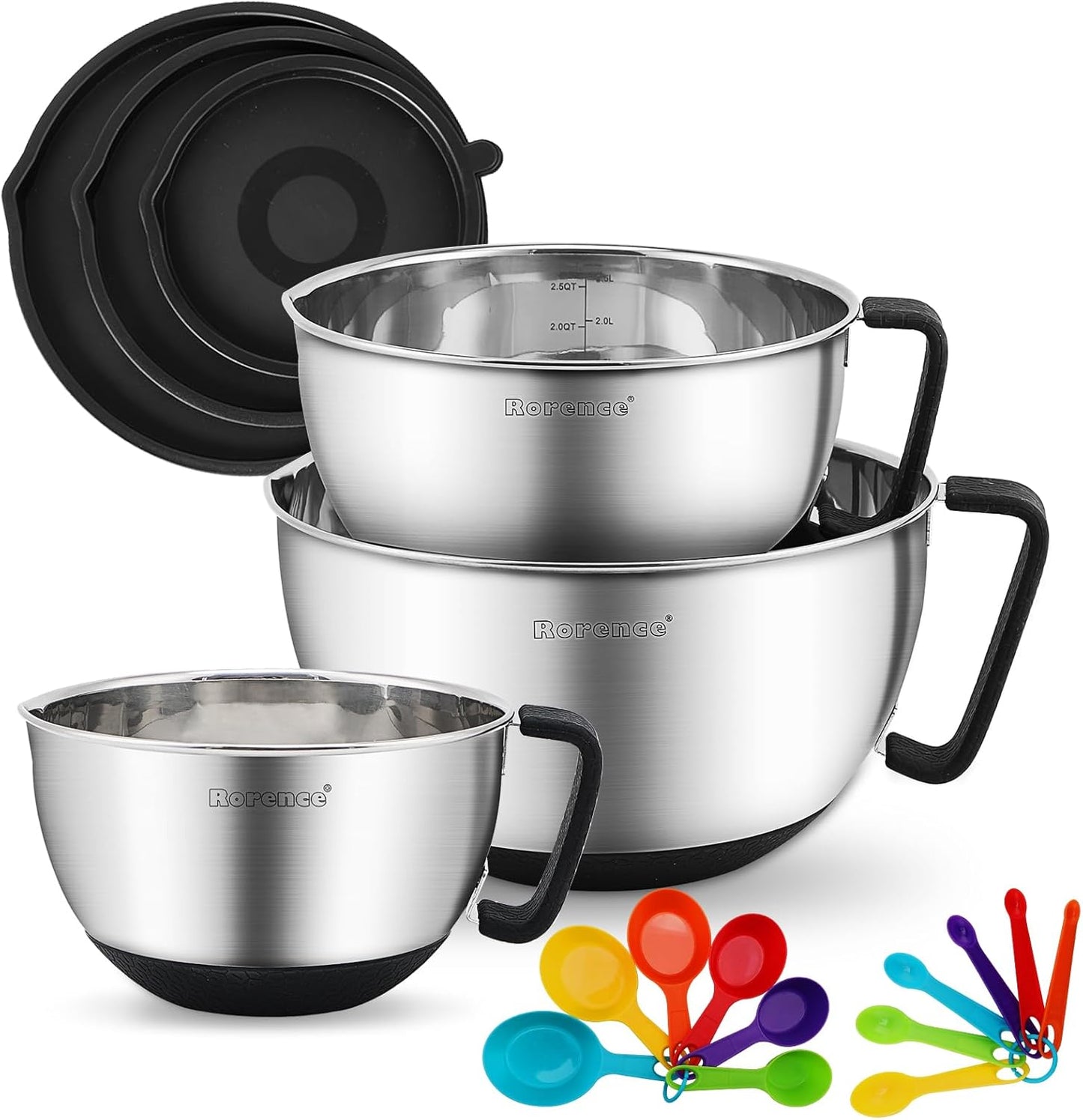 Stainless Steel Mixing Bowls: Metal Mixing Bowl Set with Lids and Handles Non-slip Silicone Bottom Nesting Bowls for Kitchen Set of 3 - Red