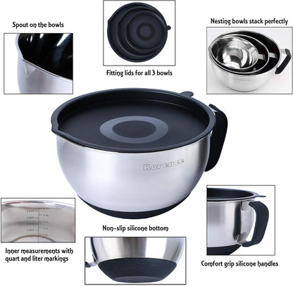 Stainless Steel Mixing Bowls: Metal Mixing Bowl Set with Lids and Handles Non-slip Silicone Bottom Nesting Bowls for Kitchen Set of 3 - Red