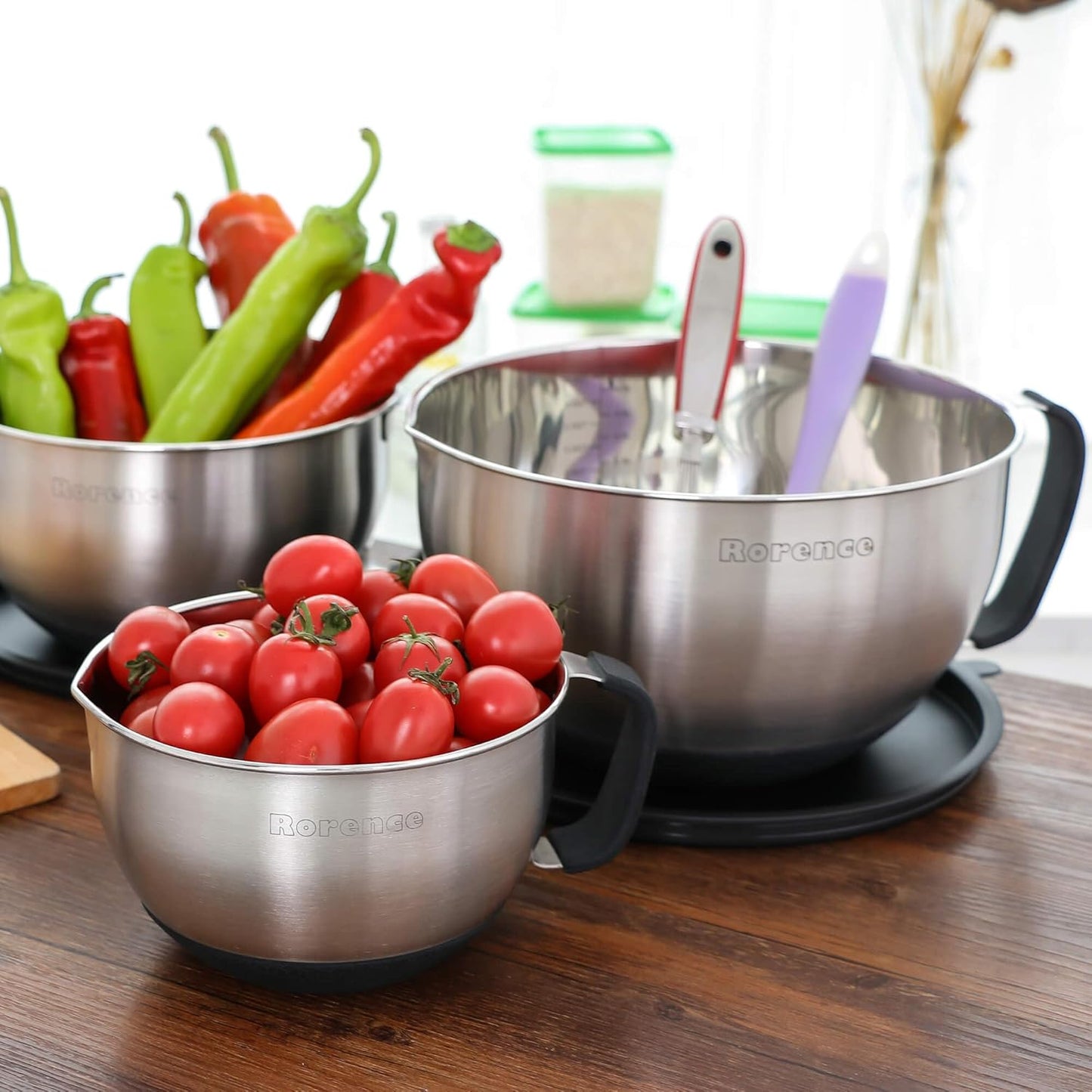 Stainless Steel Mixing Bowls: Metal Mixing Bowl Set with Lids and Handles Non-slip Silicone Bottom Nesting Bowls for Kitchen Set of 3 - Red