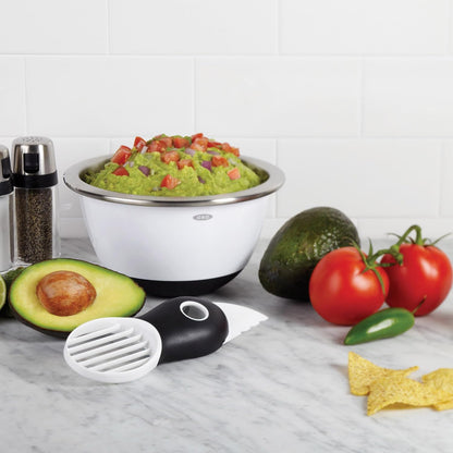 Good Grips 3-in-1 Avocado Slicer, White | Removes pits cleanly and slices effortlessly to speed up food prep, perfect for high-volume commercial catering kitchens.