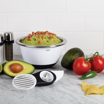 Good Grips 3-in-1 Avocado Slicer, White | Removes pits cleanly and slices effortlessly to speed up food prep, perfect for high-volume commercial catering kitchens.