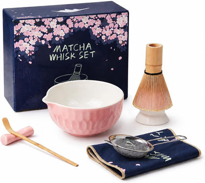 Matcha Whisk Set – Ceramic Matcha Bowl with Pour Spout, Bamboo Whisk, Whisk Holder, Scoop, Sifter – Japanese Matcha Kit for Beginners (Blue)