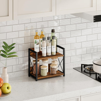 Countertop Shelf Organizer, 2 Tier Kitchen Spice Rack for Countertop, Wood Coffee Counter Shelf Organizer for Home (Brown, S)