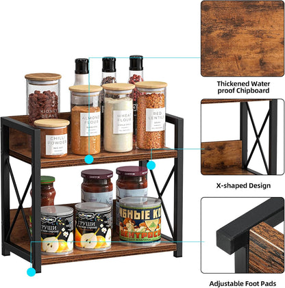Countertop Shelf Organizer, 2 Tier Kitchen Spice Rack for Countertop, Wood Coffee Counter Shelf Organizer for Home (Brown, S)