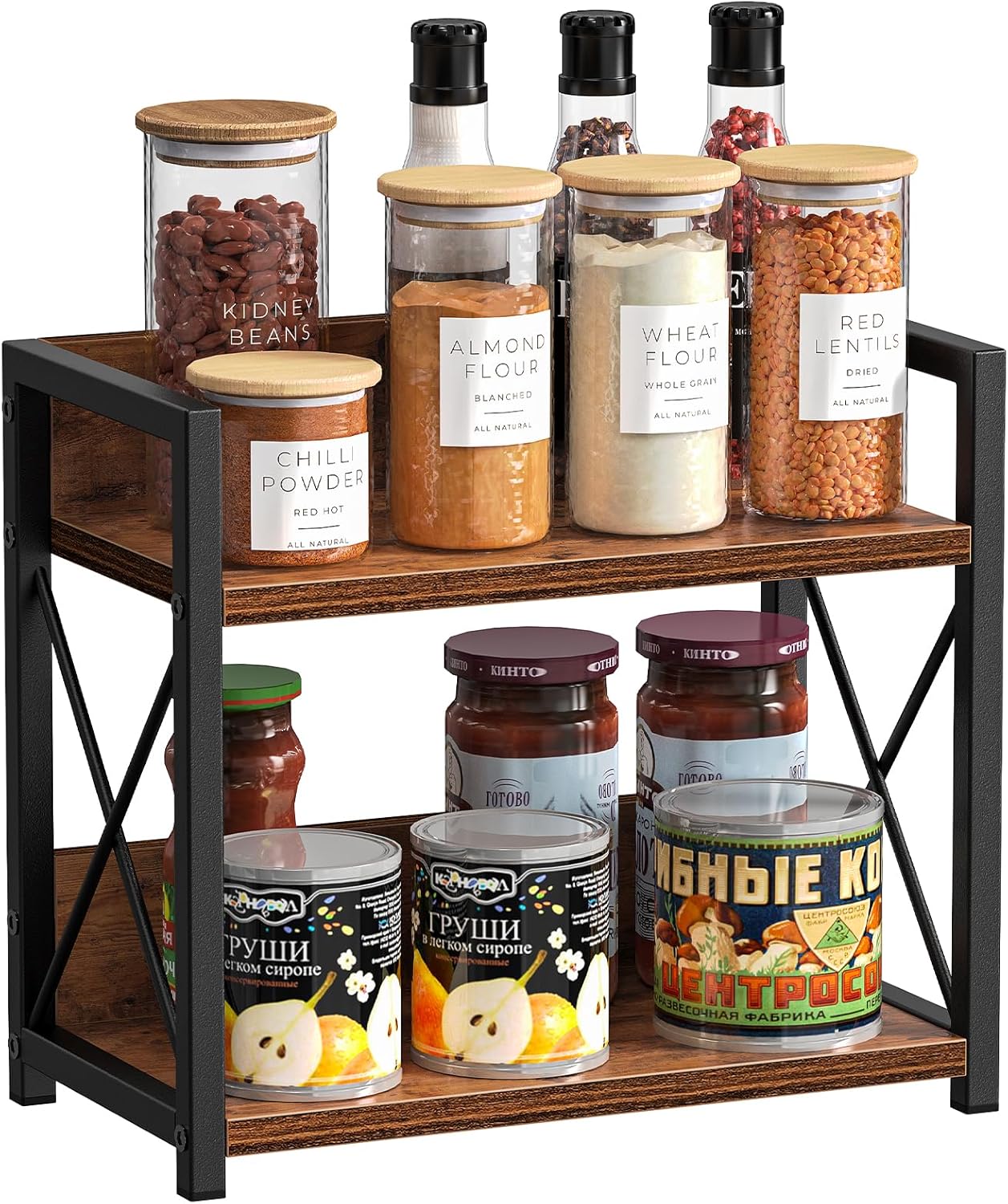 Countertop Shelf Organizer, 2 Tier Kitchen Spice Rack for Countertop, Wood Coffee Counter Shelf Organizer for Home (Brown, S)