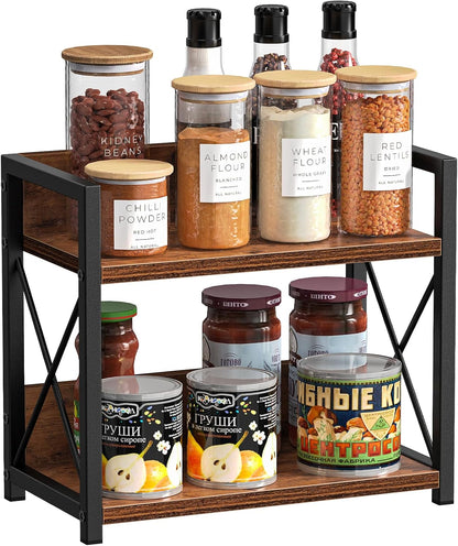 Countertop Shelf Organizer, 2 Tier Kitchen Spice Rack for Countertop, Wood Coffee Counter Shelf Organizer for Home (Brown, S)