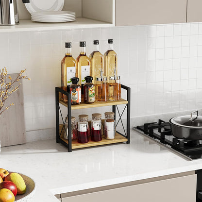 Countertop Shelf Organizer, 2 Tier Kitchen Spice Rack for Countertop, Wood Coffee Counter Shelf Organizer for Home (Brown, S)