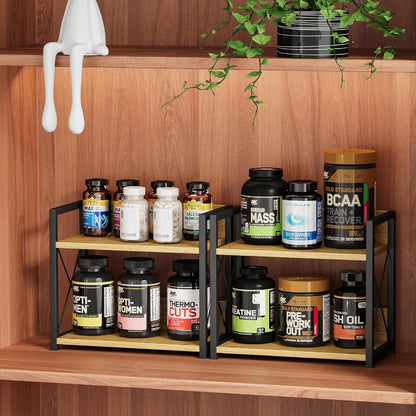 Countertop Shelf Organizer, 2 Tier Kitchen Spice Rack for Countertop, Wood Coffee Counter Shelf Organizer for Home (Brown, S)