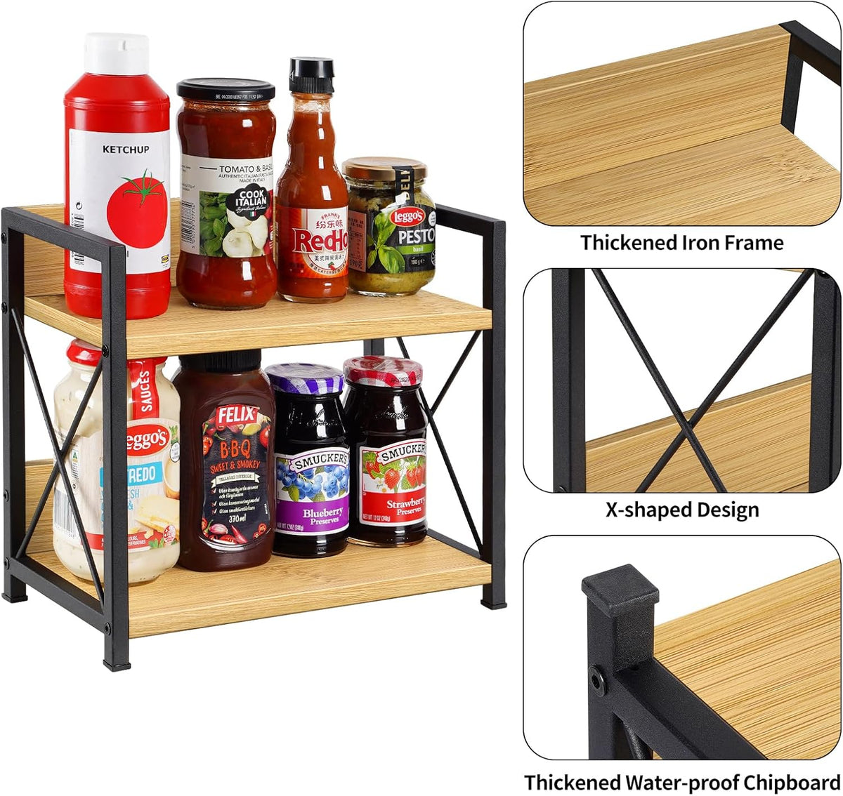 Countertop Shelf Organizer, 2 Tier Kitchen Spice Rack for Countertop, Wood Coffee Counter Shelf Organizer for Home (Brown, S)