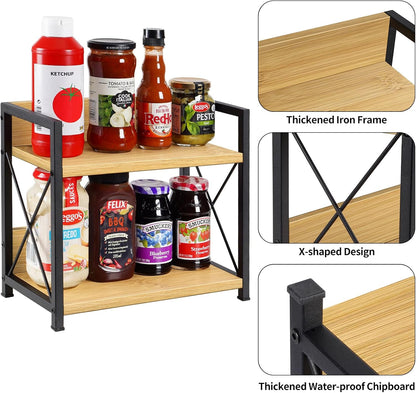 Countertop Shelf Organizer, 2 Tier Kitchen Spice Rack for Countertop, Wood Coffee Counter Shelf Organizer for Home (Brown, S)