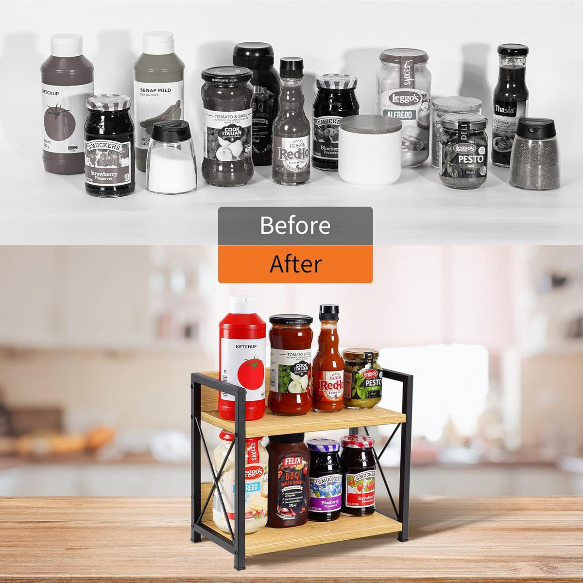 Countertop Shelf Organizer, 2 Tier Kitchen Spice Rack for Countertop, Wood Coffee Counter Shelf Organizer for Home (Brown, S)