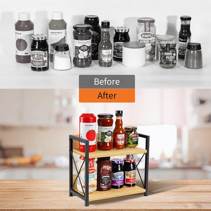 Countertop Shelf Organizer, 2 Tier Kitchen Spice Rack for Countertop, Wood Coffee Counter Shelf Organizer for Home (Brown, S)