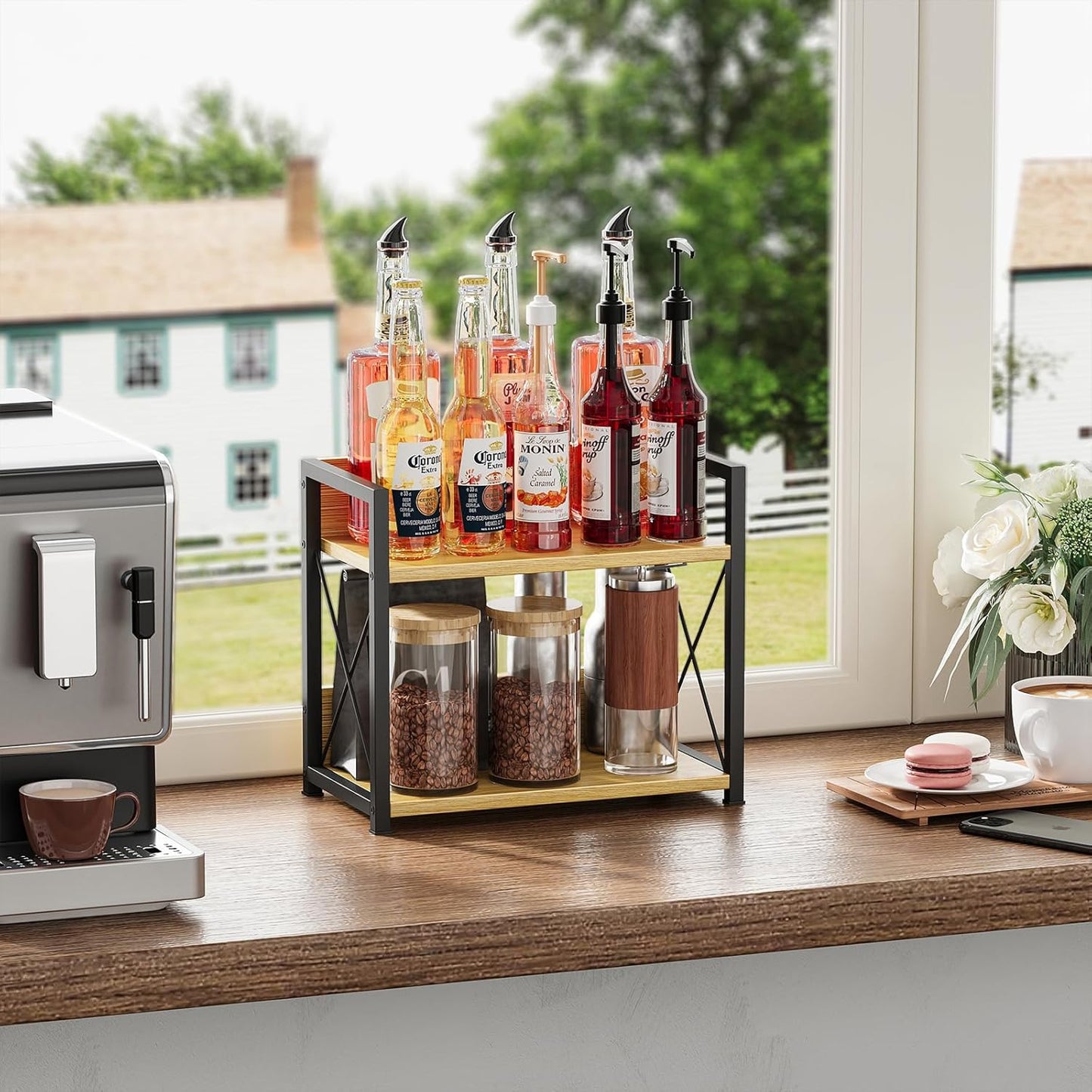 Countertop Shelf Organizer, 2 Tier Kitchen Spice Rack for Countertop, Wood Coffee Counter Shelf Organizer for Home (Brown, S)