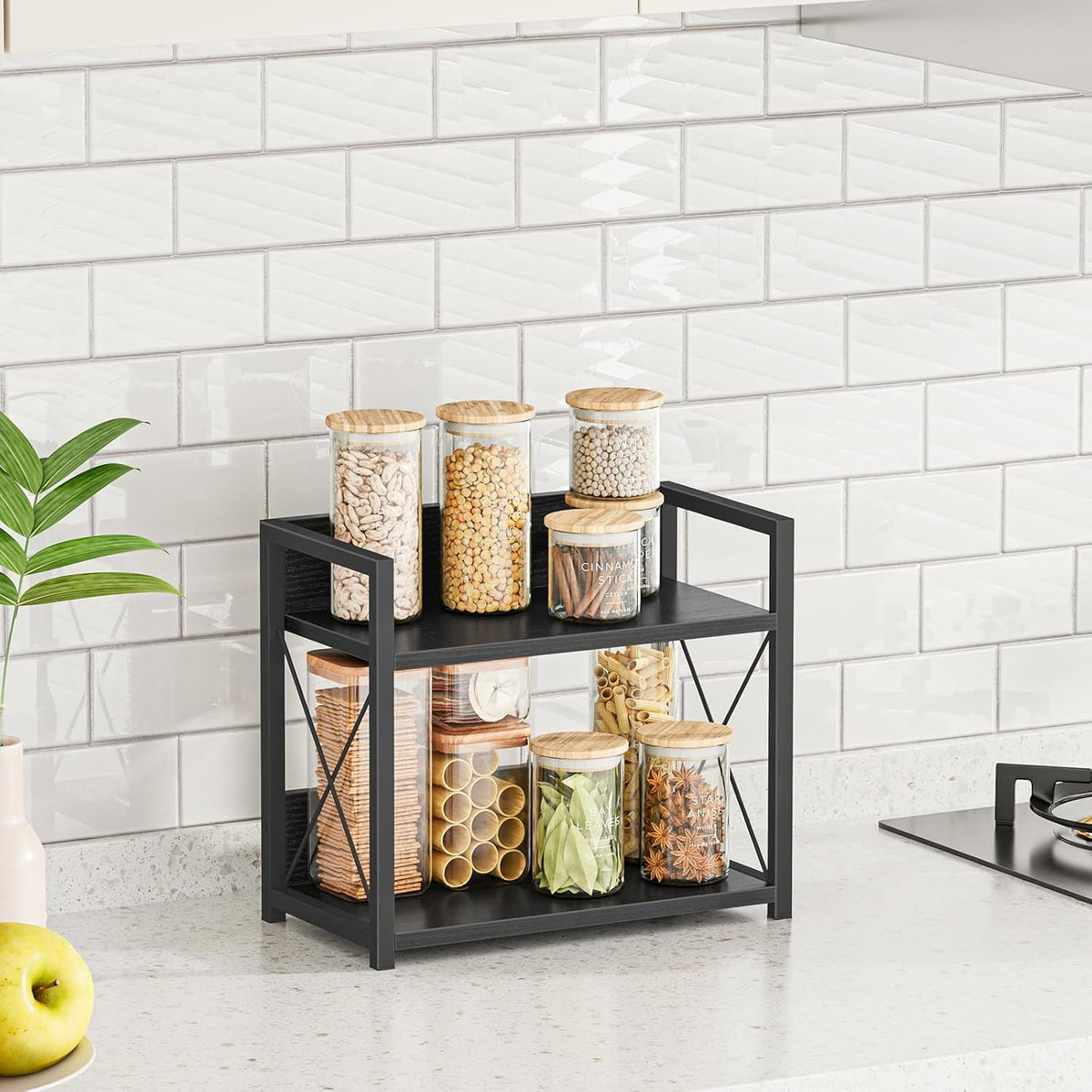 Countertop Shelf Organizer, 2 Tier Kitchen Spice Rack for Countertop, Wood Coffee Counter Shelf Organizer for Home (Brown, S)