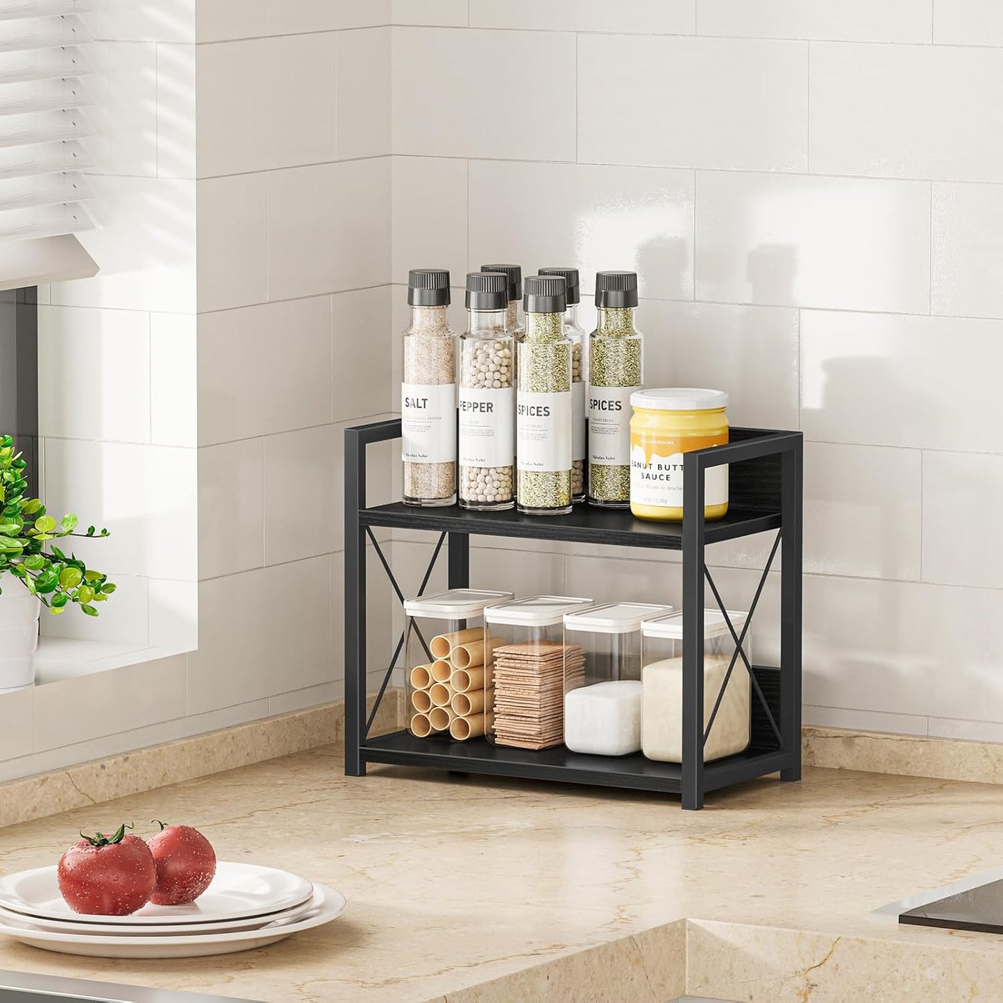 Countertop Shelf Organizer, 2 Tier Kitchen Spice Rack for Countertop, Wood Coffee Counter Shelf Organizer for Home (Brown, S)
