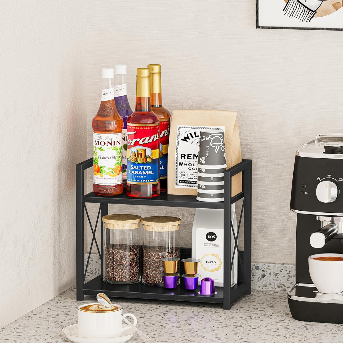 Countertop Shelf Organizer, 2 Tier Kitchen Spice Rack for Countertop, Wood Coffee Counter Shelf Organizer for Home (Brown, S)