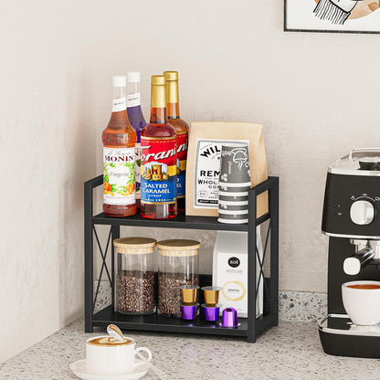 Countertop Shelf Organizer, 2 Tier Kitchen Spice Rack for Countertop, Wood Coffee Counter Shelf Organizer for Home (Brown, S)