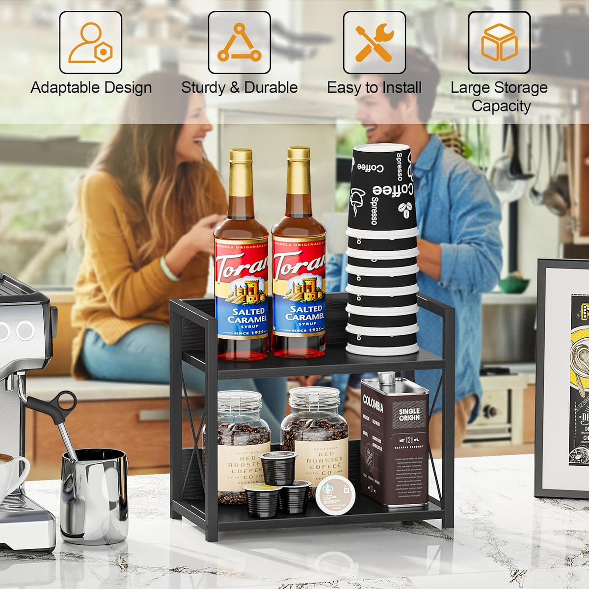 Countertop Shelf Organizer, 2 Tier Kitchen Spice Rack for Countertop, Wood Coffee Counter Shelf Organizer for Home (Brown, S)